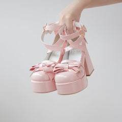 Pink Kawaii Lolita Bow Star Chunky Platform High Block Heels