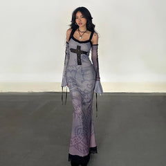 Purple Gothic Lace Maxi Dress With Arm Sleeves Set