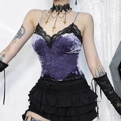 Purple Gothic Lace Trim Velvet Cami Top
