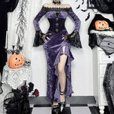 Purple Gothic Lace Velvet Off-Shoulder Slit Dress