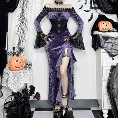 Purple Gothic Lace Velvet Off-Shoulder Slit Dress