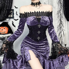 Purple Gothic Lace Velvet Off-Shoulder Slit Dress