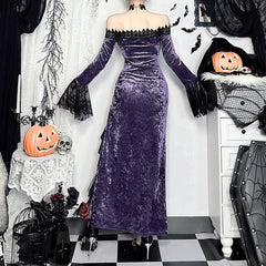 Purple Gothic Lace Velvet Off-Shoulder Slit Dress