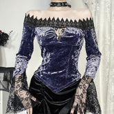 Purple Gothic Velvet Off the Shoulder Long Sleeve Top