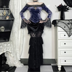 Top gótico morado de terciopelo con hombros descubiertos y manga larga