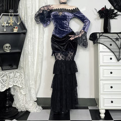 Top gótico morado de terciopelo con hombros descubiertos y manga larga