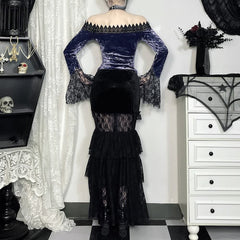 Top gótico morado de terciopelo con hombros descubiertos y manga larga