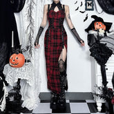 Red Gothic Punk Plaid Slit Maxi Dress
