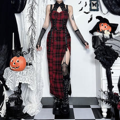 Red Gothic Punk Plaid Slit Maxi Dress