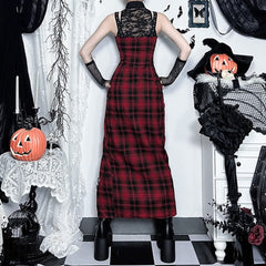 Red Gothic Punk Plaid Slit Maxi Dress