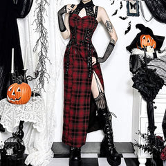 Red Gothic Punk Plaid Slit Maxi Dress