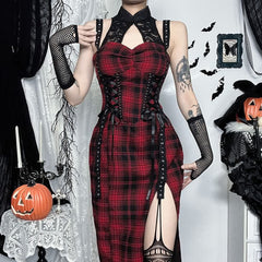 Red Gothic Punk Plaid Slit Maxi Dress