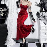 Red Gothic Velvet Ruffle Maxi Dress
