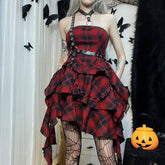 Red Plaid Gothic Punk Asymmetrical Tiered Dress