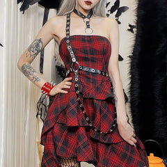 Red Plaid Gothic Punk Asymmetrical Tiered Dress