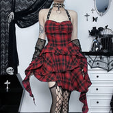 Red Plaid Gothic Punk Halter Asymmetrical Tiered Dress