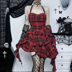 Red Plaid Gothic Punk Halter Asymmetrical Tiered Dress