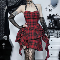 Red Plaid Gothic Punk Halter Asymmetrical Tiered Dress