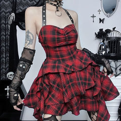 Red Plaid Gothic Punk Halter Asymmetrical Tiered Dress