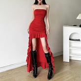 Red Ruched Off The Shoulder High Low Maxi Dress