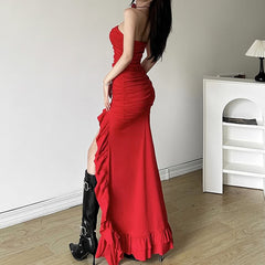 Red Ruched Off The Shoulder High Low Maxi Dress