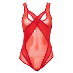 Body sin mangas cruzado de malla transparente roja