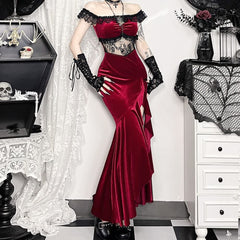 Red Velvet Cold Shoulder Slit Maxi Dress