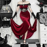 Red Velvet Cold Shoulder Slit Maxi Dress