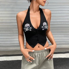 Top corto estilo halter con calavera gótica y diamantes de imitación
