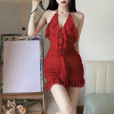 Rose Halter Ruffle Ruched Mini Dress