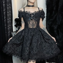 Spider Web Mesh Open Shoulder Gothic Lace Short Dress