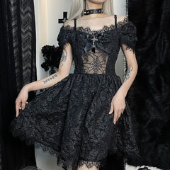 Spider Web Mesh Open Shoulder Gothic Lace Short Dress