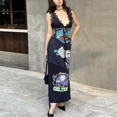 Street Style Lace Trim V-neck Maxi Dress