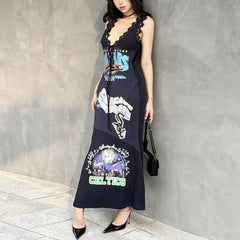 Street Style Lace Trim V-neck Maxi Dress