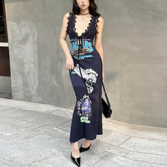Street Style Lace Trim V-neck Maxi Dress