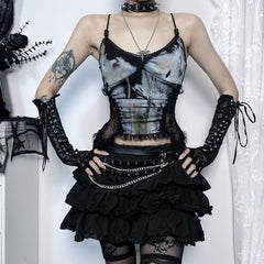 Top de tirantes con encaje grunge gótico teñido anudado