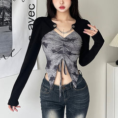 Top de manga larga con dobladillo alto y bajo teñido anudado