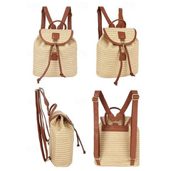 �Women Woven Boho Bag with Rattan for Travel Straw Backpack