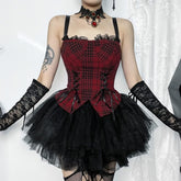 Vintage Goth Kariertes Ärmelloses Top und Minirock Set