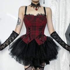 Vintage Goth Kariertes Ärmelloses Top und Minirock Set