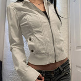 White High Neck Crop Zip Up Jacket
