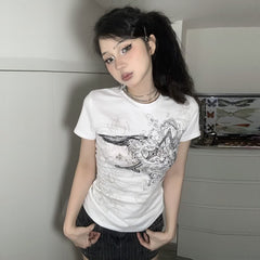 White Y2K Grunge Artwork Round Neck T-shirt