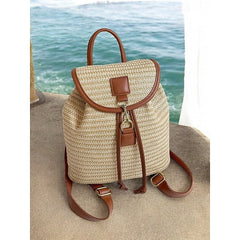 �Women Woven Boho Bag with Rattan for Travel Straw Backpack