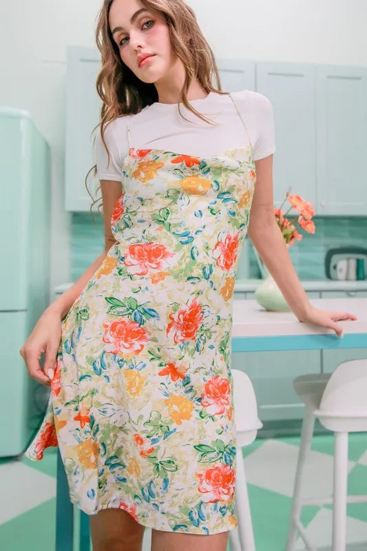 Floral Cowl Neck Flirty Satin Mini Dress