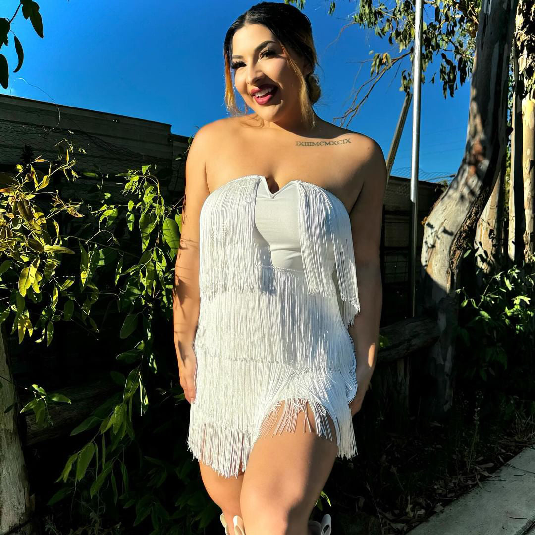 Strapless Fringe Detail Mini Dress