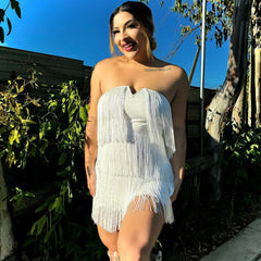 Strapless Fringe Detail Mini Dress