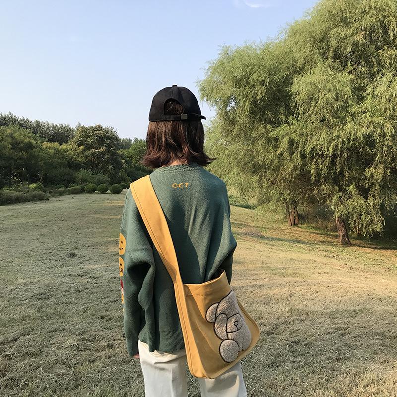 Double-Sided Embroidered Bear Shoulder Bag