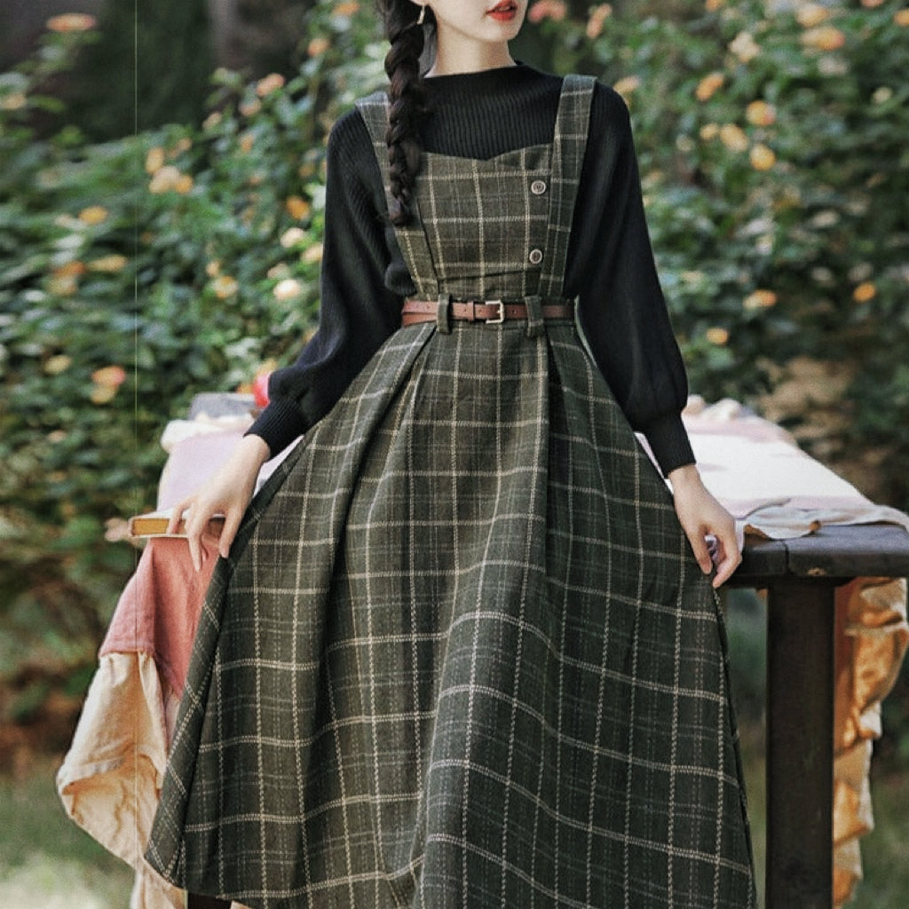 Conjunto de 2 piezas de vestido de lana a cuadros de la Academia oscura de Forest Witch