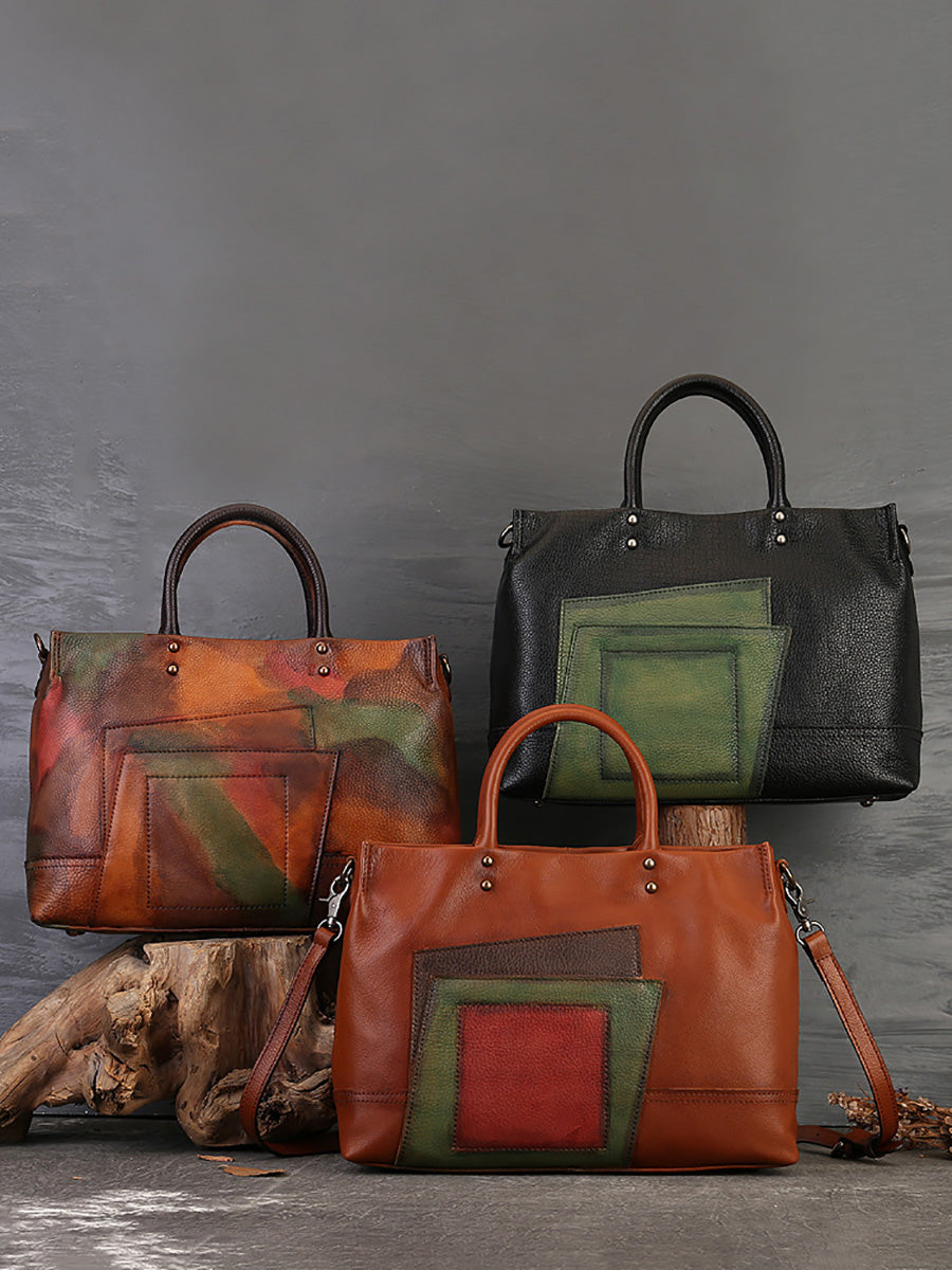 Women Leather Patchwork Large Capacity Hand Bag Shoulder Bag