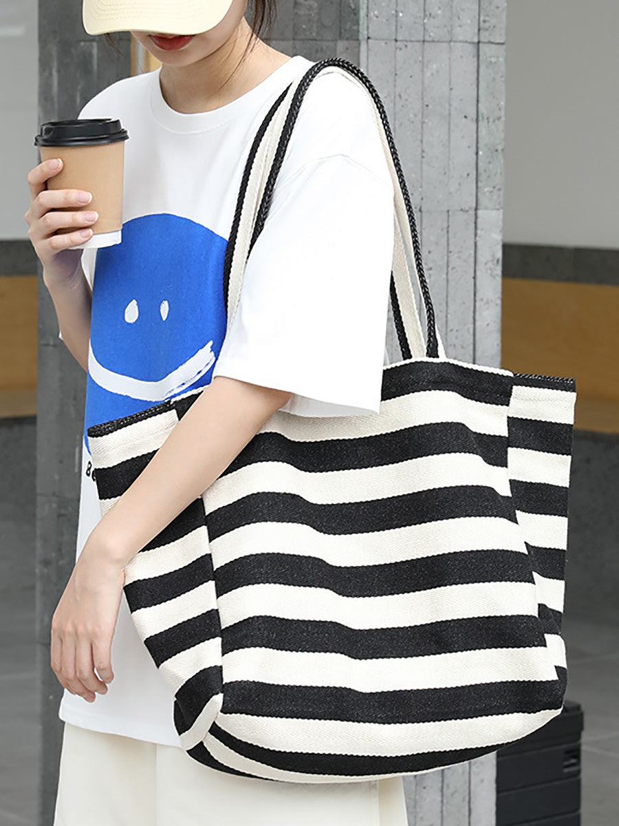Women Casual Stripe Canvas Large Capacity Shoulder Bag